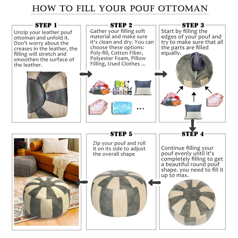 Thgonwid Unstuffed Moroccan Ottoman Pouf Cover, Ottoman Footstool Storage Solution, Bean Bag Chair, Foot Rest, Gray & Mushroom - Image 5