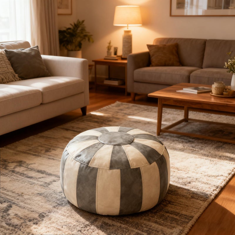 Thgonwid Unstuffed Moroccan Ottoman Pouf Cover, Ottoman Footstool Storage Solution, Bean Bag Chair, Foot Rest, Gray & Mushroom - Image 3