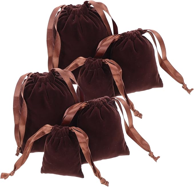 6Pcs Light Brown Velour Jewelry Pouches With Drawstring Portable Storage Bags - Image 1