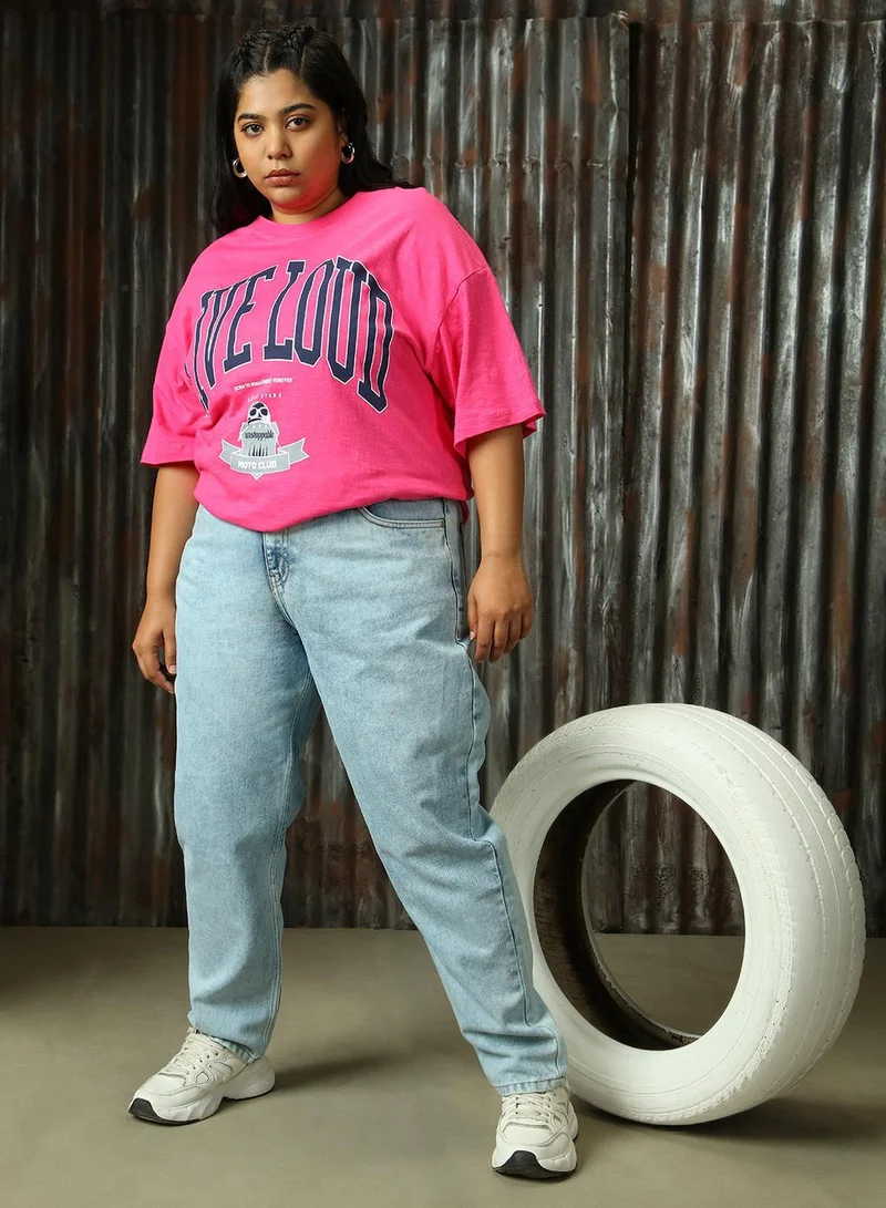 HIGH STAR Women's Magenta 100% Cotton Printed Plus Size T-Shirt