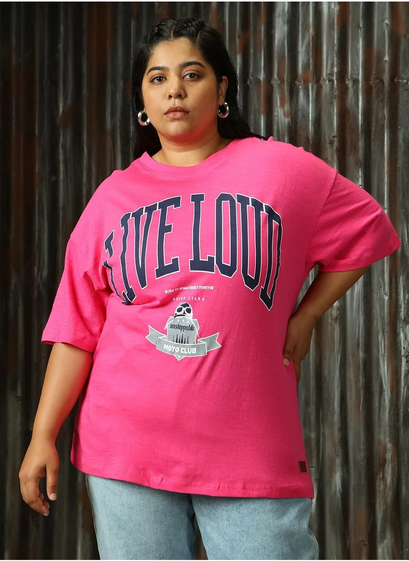 هاي ستار Women's Magenta 100% Cotton Printed Plus Size T-Shirt