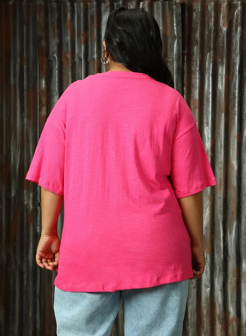 HIGH STAR Women's Magenta 100% Cotton Printed Plus Size T-Shirt