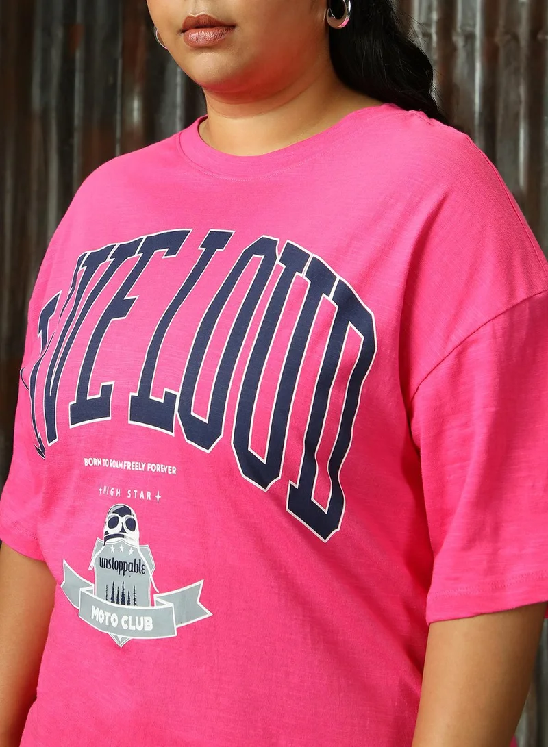 HIGH STAR Women's Magenta 100% Cotton Printed Plus Size T-Shirt