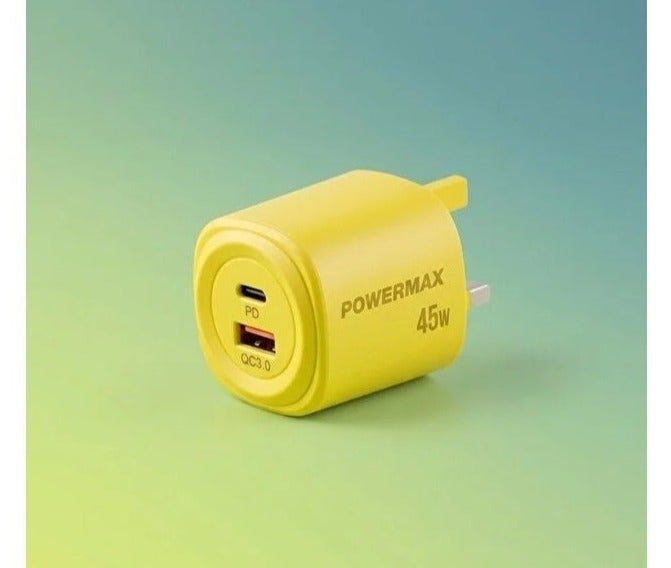 PowerMax MX92 45W Dual-Port Fast Charger - High-Speed ​​Wall Adapter Supporting USB-C PD and Qualcomm QC3.0 - Yellow - Image 1