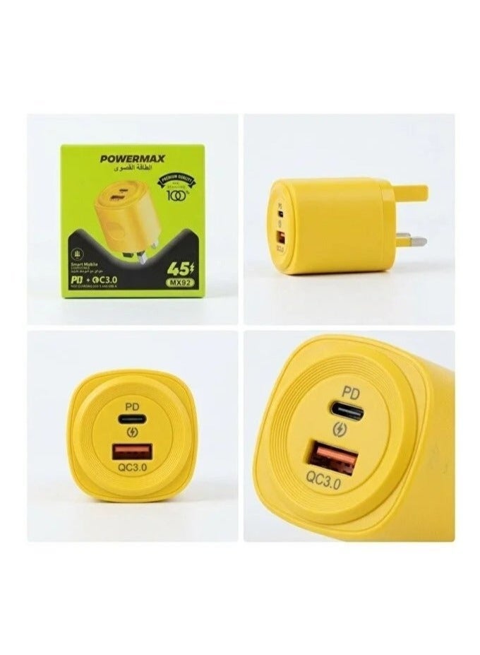 PowerMax MX92 45W Dual-Port Fast Charger - High-Speed ​​Wall Adapter Supporting USB-C PD and Qualcomm QC3.0 - Yellow - Image 3
