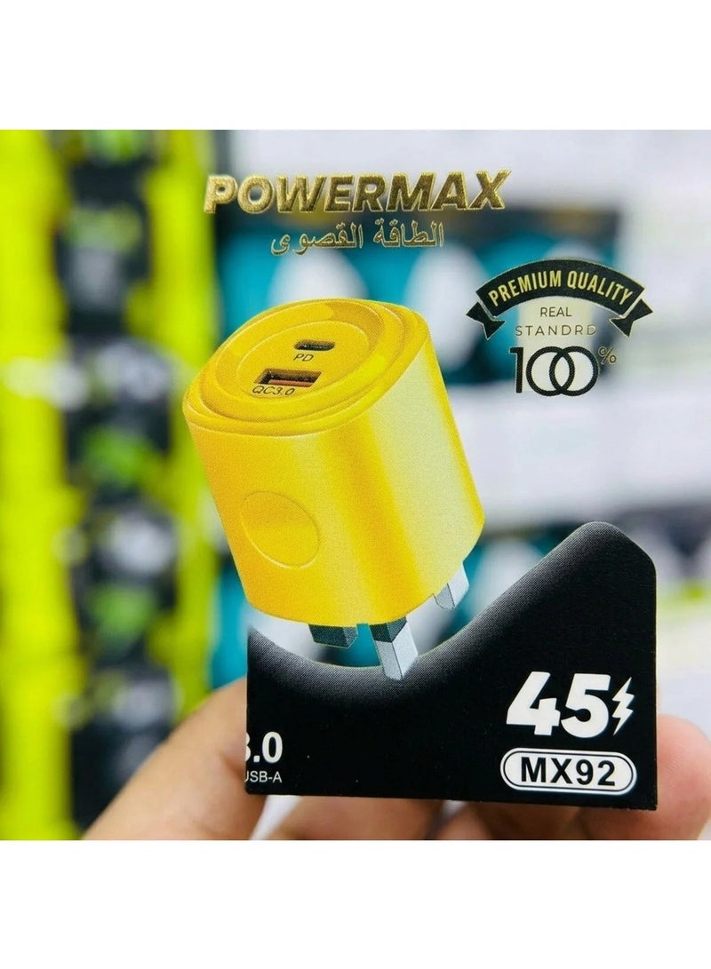 PowerMax MX92 45W Dual-Port Fast Charger - High-Speed ​​Wall Adapter Supporting USB-C PD and Qualcomm QC3.0 - Yellow - Image 4