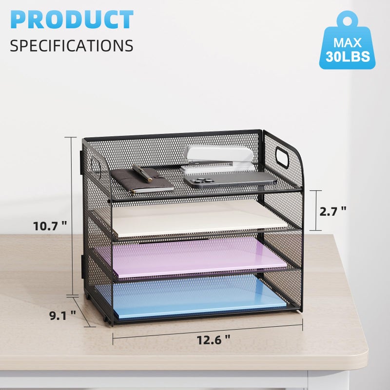 Marbrasse 4 Tier Paper Organizer Letter Tray - Mesh Desk File Organizer with Handle, Paper Sorter Organizer for Letter/A4 Office File Folder Holder (Black, 12.6" x 9.1" x 10.7") - Image 3