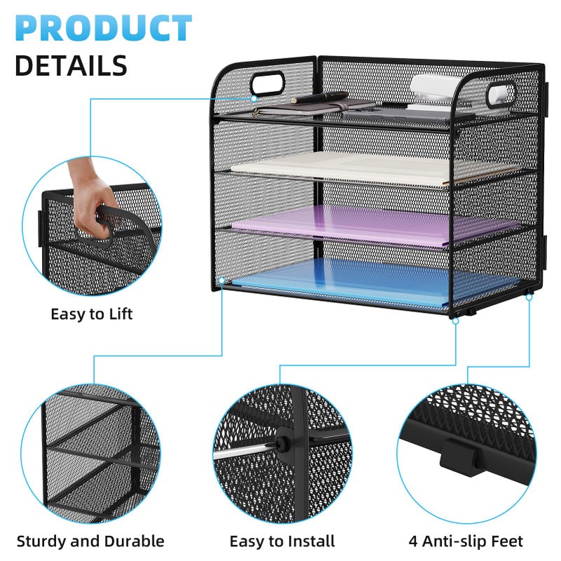 Marbrasse 4 Tier Paper Organizer Letter Tray - Mesh Desk File Organizer with Handle, Paper Sorter Organizer for Letter/A4 Office File Folder Holder (Black, 12.6" x 9.1" x 10.7") - Image 4