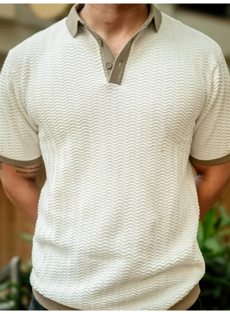 Maniac Maniac Mens Textured Polo Neck Half Sleeve White FlatKnit Cotton T-Shirt
