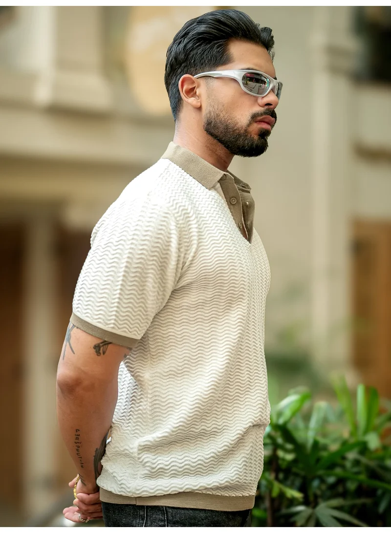 Maniac Maniac Mens Textured Polo Neck Half Sleeve White FlatKnit Cotton T-Shirt