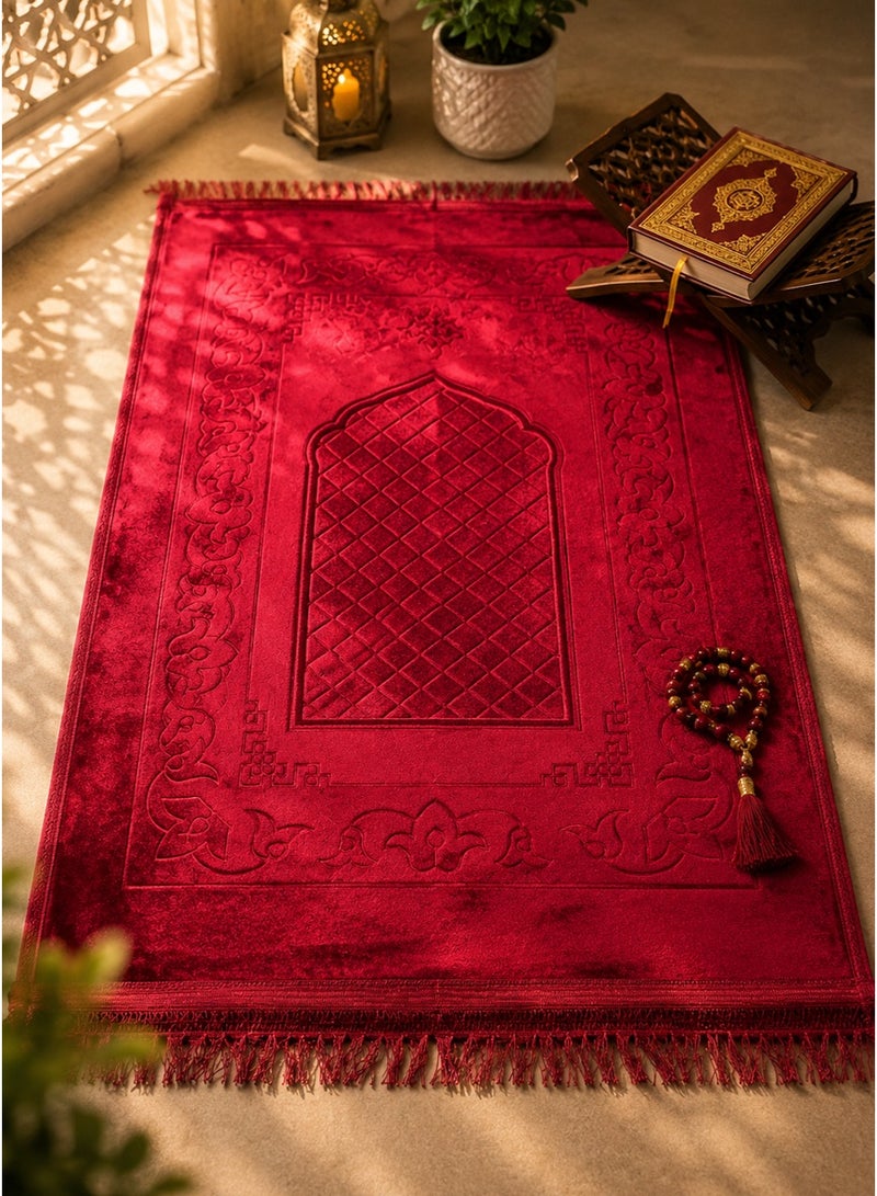 Tala Luxury Velvet Prayer Rug with Embossed Patterns | Elegant Islamic Design | Embroidered Edges | Size 80×120 cm | Soft Comfortable Texture for Prayer - Image 3