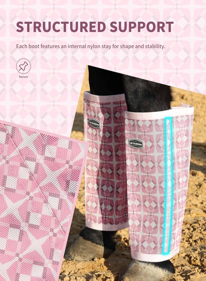 Tackmore Horse Fly Boots, Loose-Fitting Breathable Mesh Fly Leggings for Horses, Anti-Sag Stomp-Reducing Set of 4 -Pink Print Pony - Image 3