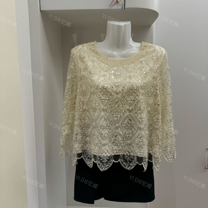 تيشيرت نسائي بأكمام طويلة مع ترتر وخرز بأسلوب فرنسي - Image 3