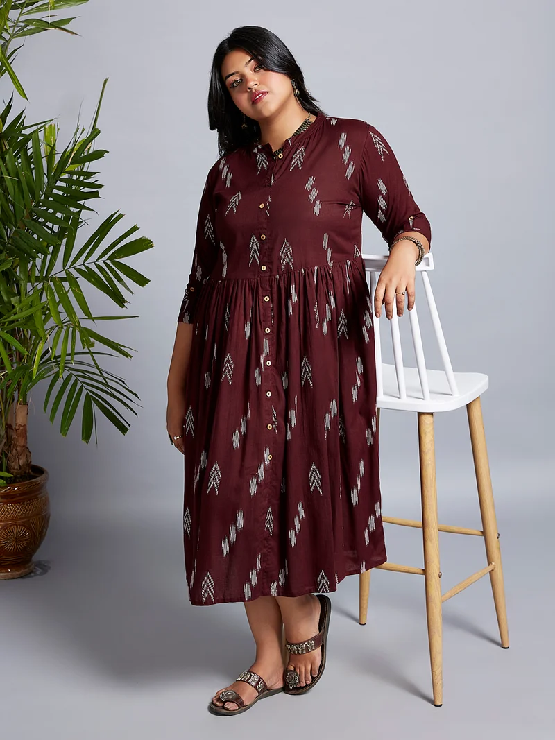 globus Globus Gloplus Women Printed Mandarin Collar Roll-Up Sleeves A-Line Midi Plus Size Dress