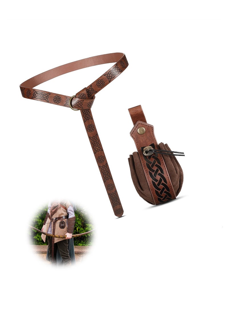 Medieval Knight Accessories, 2 Pcs Medieval Viking Belt Medieval Faux Leather Belt Pouch, Renaissance Leather Belt Medieval Bag Renaissance Accessories, Brown, Retro - Image 1