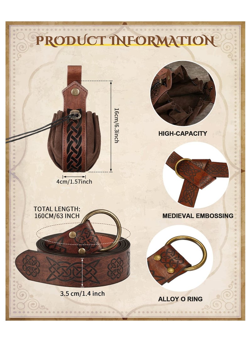 Medieval Knight Accessories, 2 Pcs Medieval Viking Belt Medieval Faux Leather Belt Pouch, Renaissance Leather Belt Medieval Bag Renaissance Accessories, Brown, Retro - Image 3