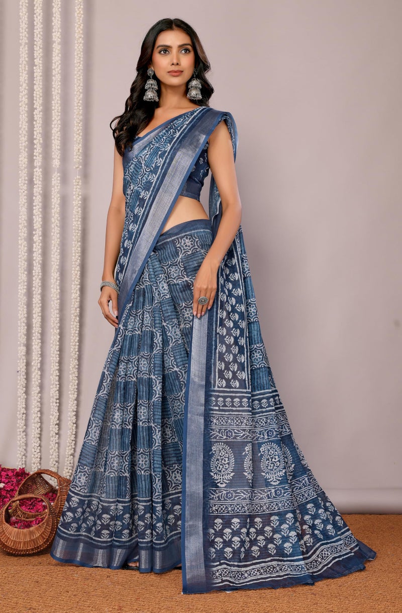 Janasya Women's Navy Blue Cotton Linen Block Print Printed Printed Saree with Blouse Piece - Image 3