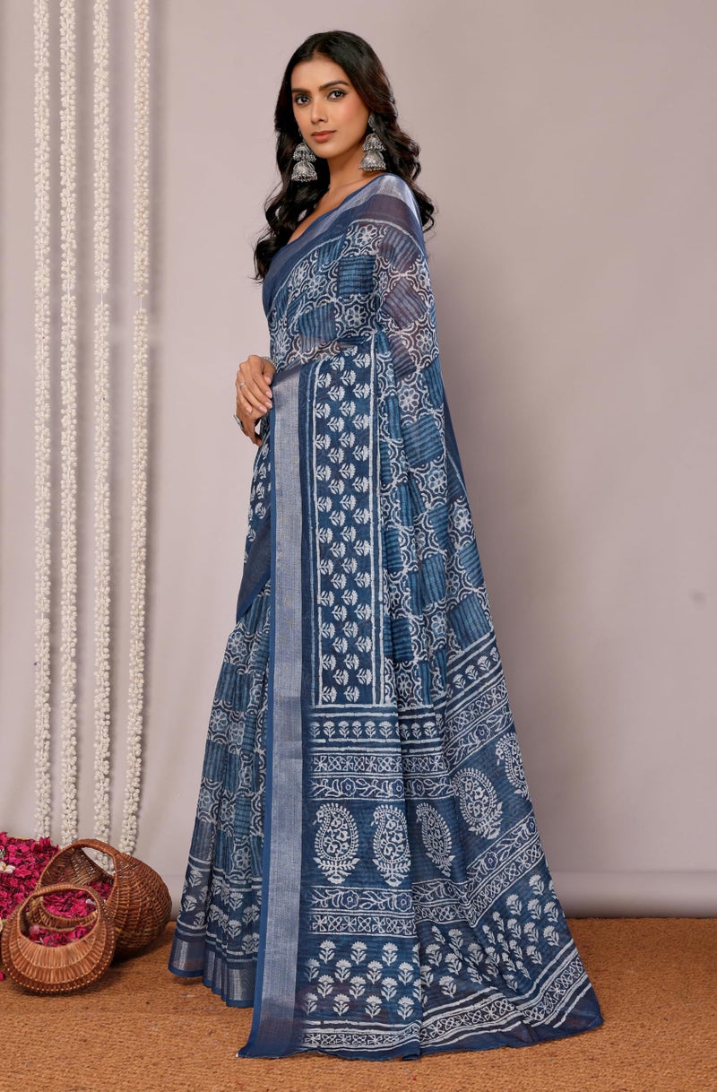 Janasya Women's Navy Blue Cotton Linen Block Print Printed Printed Saree with Blouse Piece - Image 5