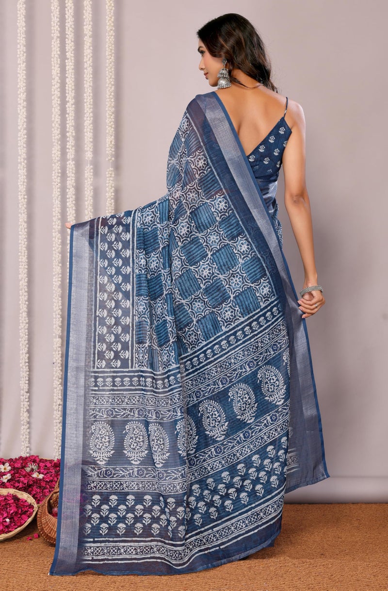 Janasya Women's Navy Blue Cotton Linen Block Print Printed Printed Saree with Blouse Piece - Image 4