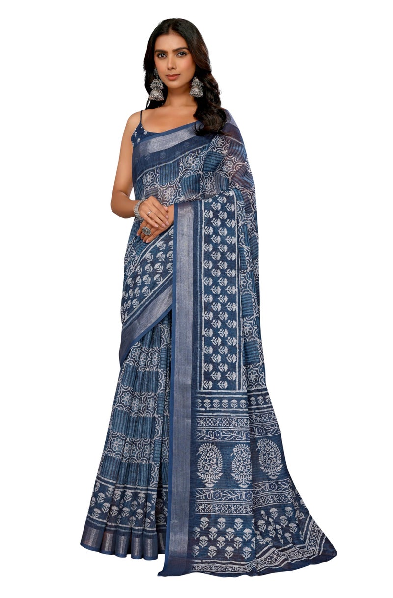 Janasya Women's Navy Blue Cotton Linen Block Print Printed Printed Saree with Blouse Piece - Image 1