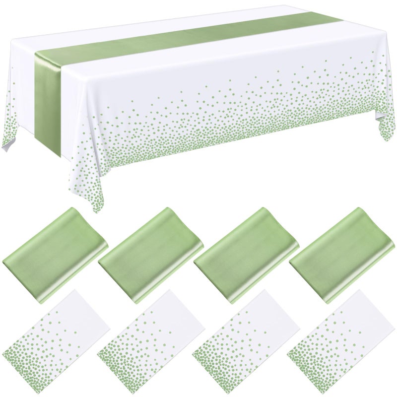 Breling 8 Pack White and Sage Green Disposable Plastic Tablecloths and Satin Table Runner Set, 54 x 108 Inch Tablecloth, 12 x 108 Inch Table Runners for Wedding Graduation Birthday Baby Shower - Image 1