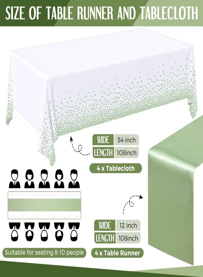 Breling 8 Pack White and Sage Green Disposable Plastic Tablecloths and Satin Table Runner Set, 54 x 108 Inch Tablecloth, 12 x 108 Inch Table Runners for Wedding Graduation Birthday Baby Shower - Image 2