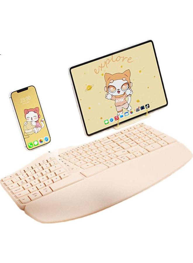 B.O.W Hangshi K308Dl Ergonomic Three-Mode Wired Wireless Bluetooth Rechargeable Keyboard, Compatible With Laptops, Ipad, Tablets, Universal Silent Wrist Rest Keyboard, Milk Tea Color - Image 1