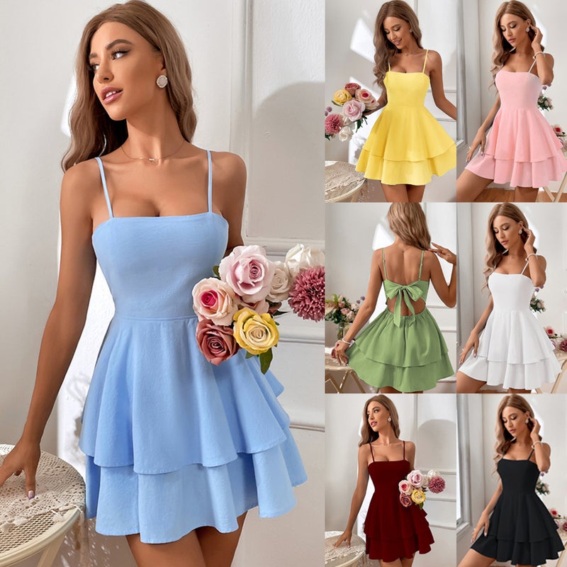 2026 Spring Summer European American Cotton Bow Tie Strap Mini Dress - Image 1