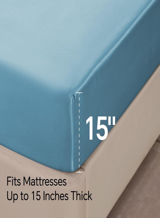 بيديليت طقم ملاءة سرير وأغطية وسائد من الساتان الفاخر من BEDELITE، ملاءة سرير ناعمة فاخرة تشبه الحرير مع أشرطة مطاطية في الزوايا، جيب عميق يصل إلى 15 بوصة، ملاءة سرير واحدة و2 غطاء وسادة (مقاس كوين، لون أزرق فاتح). - Image 5