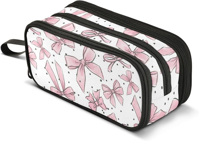 BOENLE Pink Bows Dots Pencil Case Box Boys Girls Large Pencil Pouch Zipper Compartments Big Capacity Stationery Pen Bag Organizer for Kids Teens Adults School Office - Image 1
