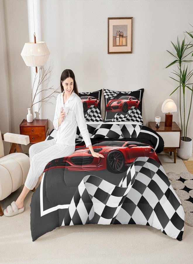 Man Fei Red Race Car Comforter Set Twin Size, Black White Lattice Bedding Set 2pcs for Kids Boys Teens Room Decor,Extreme Sport Games Quilt Set,Cool Modern Duvet Insert with 1 Pillowcase - Image 1