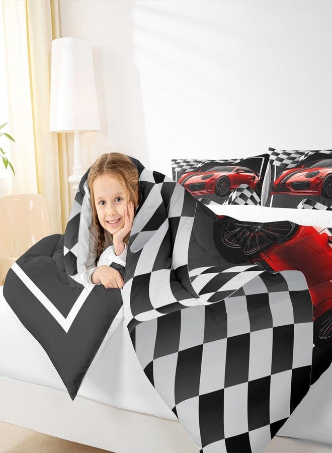 Man Fei Red Race Car Comforter Set Twin Size, Black White Lattice Bedding Set 2pcs for Kids Boys Teens Room Decor,Extreme Sport Games Quilt Set,Cool Modern Duvet Insert with 1 Pillowcase - Image 3