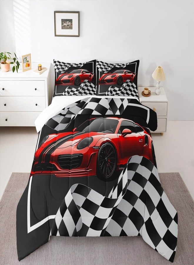 Man Fei Red Race Car Comforter Set Twin Size, Black White Lattice Bedding Set 2pcs for Kids Boys Teens Room Decor,Extreme Sport Games Quilt Set,Cool Modern Duvet Insert with 1 Pillowcase - Image 5