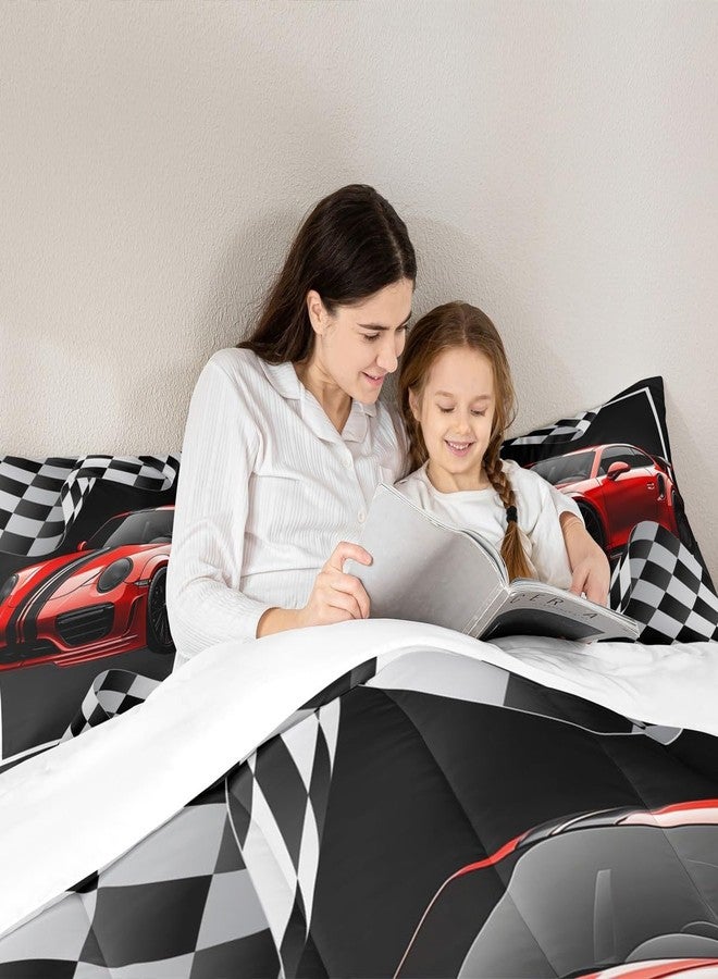 Man Fei Red Race Car Comforter Set Twin Size, Black White Lattice Bedding Set 2pcs for Kids Boys Teens Room Decor,Extreme Sport Games Quilt Set,Cool Modern Duvet Insert with 1 Pillowcase - Image 2