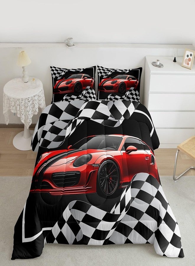 Man Fei Red Race Car Comforter Set Twin Size, Black White Lattice Bedding Set 2pcs for Kids Boys Teens Room Decor,Extreme Sport Games Quilt Set,Cool Modern Duvet Insert with 1 Pillowcase - Image 4