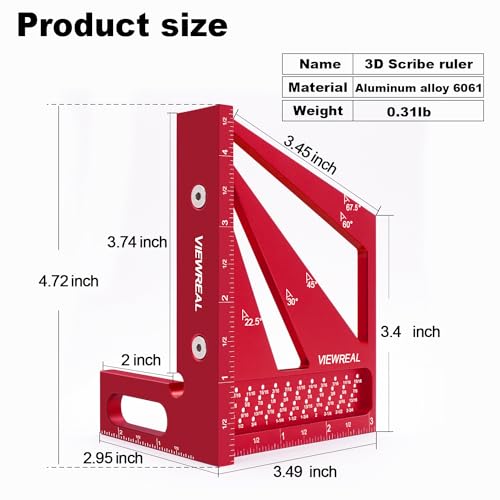 ViewReal Multi-Angle 3D Measuring Ruler: 22.5/30/45/60/67.5/90 Degree Aluminum Alloy Square Ruler Protractor, Ideal for Engineer Carpenter Crafting, Drawing - Image 2