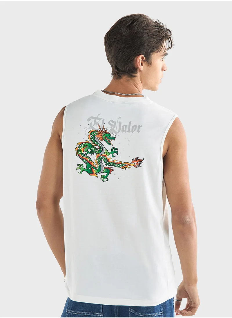 FAV Dragon Print Sleeveless T-shirt with Crew Neck