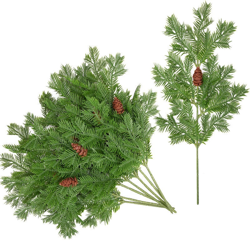 Watayo 8 Pcs Large Artificial Pine Needles Branches 16 x 7 Christmas Fake Greenery Pine Picks with Pinecone Faux Pine Leaves Sprigs for Christmas Garland Wreath  Home Garden Decoration