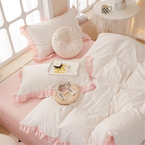 MKXI Queen Size Small Floral Ruffle Comforter Set - 3 Piece Countryside Floral Comforter with Pillow Shams, Reversible White Pink Princess Bedroom Collection, Soft Aesthetic Bedding Set for Teen Girls - Image 3