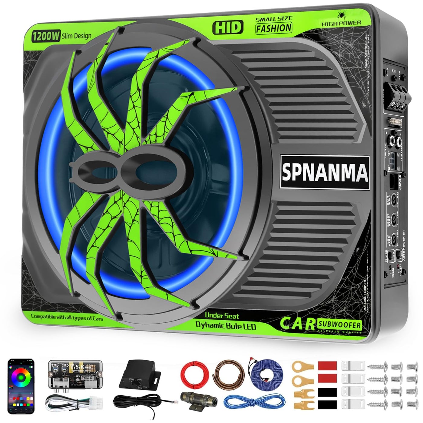 SPNANMA 2025 1200W 10"Slim Car Underseat Subwoofer and Amp Package with Ambient Light, Individual Control for Low Pass/Gain/Boost Bass, High output surround vibration bass without distortion for Truck