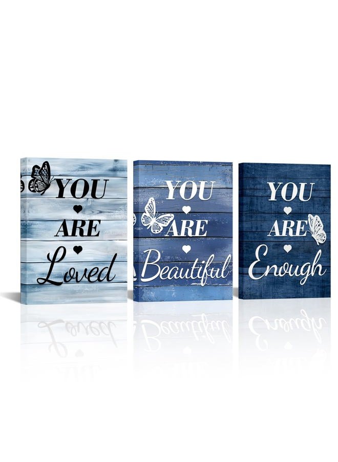 LevvArts Vintage Motivaional Wall Art Rustic You Are Loved You Are Beautiful You Are Enough Wall Decor Inspirational Pictures Canvas Prints Blue Decoration (Blue) - Image 1