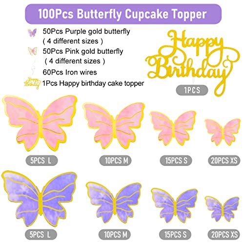 Naiircool 100Pcs Butterfly Cake Topper, Cupcake Topper, Cake Decorations, Cake Topper, Birthday Anniversary Decor, Party Decorations for Women Girls, Mixed Size (Pink Purple Gold) - Image 4