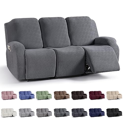 KinCam Recliner Sofa Covers, Stretch Reclining Couch Covers, Recliner Sofa Slipcovers Stripe Jacquard Recliner Couch Cover Furniture Protector Covers for Pet Kid (3 Seater, Dark Gray) - Image 1