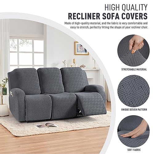 KinCam Recliner Sofa Covers, Stretch Reclining Couch Covers, Recliner Sofa Slipcovers Stripe Jacquard Recliner Couch Cover Furniture Protector Covers for Pet Kid (3 Seater, Dark Gray) - Image 2