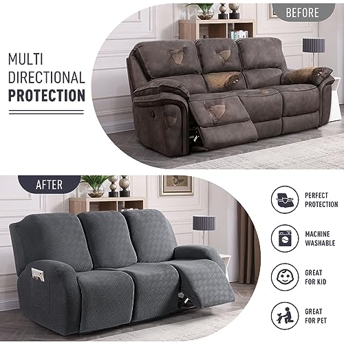 KinCam Recliner Sofa Covers, Stretch Reclining Couch Covers, Recliner Sofa Slipcovers Stripe Jacquard Recliner Couch Cover Furniture Protector Covers for Pet Kid (3 Seater, Dark Gray) - Image 3