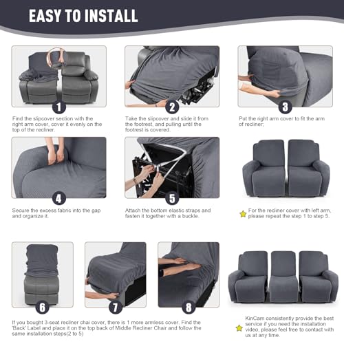 KinCam Recliner Sofa Covers, Stretch Reclining Couch Covers, Recliner Sofa Slipcovers Stripe Jacquard Recliner Couch Cover Furniture Protector Covers for Pet Kid (3 Seater, Dark Gray) - Image 5