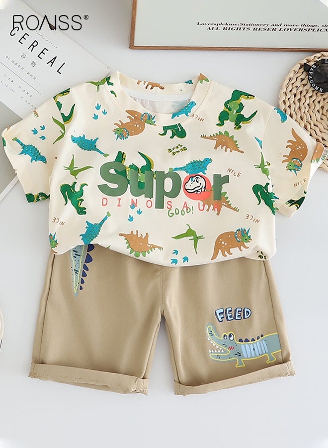 roaiss Little Boy T-Shirt and Shorts Set, Stylish 2-Piece Outfit for Toddler Boys, Summer Outfit with Dinosaur Pattern Top and Elastic Waist Shorts, Perfect for Daily Wear or Various Occasions - Image 1