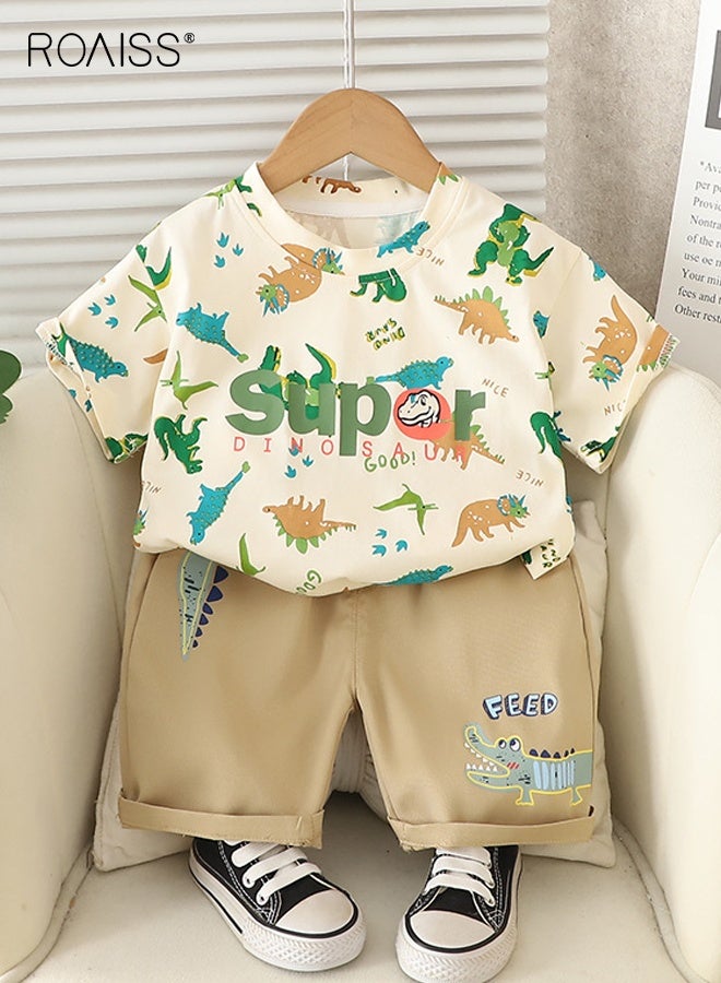 roaiss Little Boy T-Shirt and Shorts Set, Stylish 2-Piece Outfit for Toddler Boys, Summer Outfit with Dinosaur Pattern Top and Elastic Waist Shorts, Perfect for Daily Wear or Various Occasions - Image 2