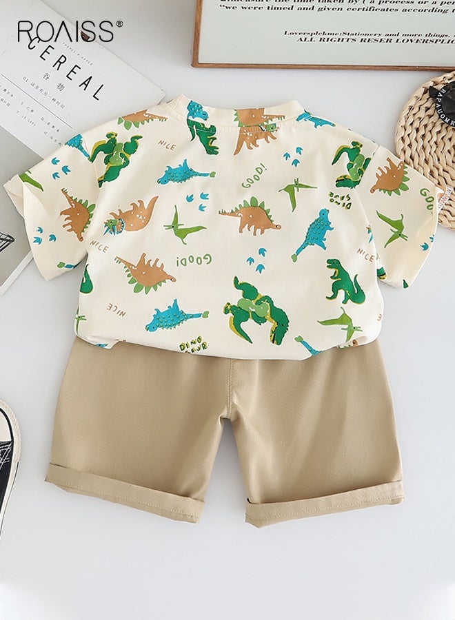 roaiss Little Boy T-Shirt and Shorts Set, Stylish 2-Piece Outfit for Toddler Boys, Comfortable Summer Outfit with Dinosaur Pattern Top and Elastic Waist Shorts, Perfect for Daily Wear or Various Occasions - Image 2