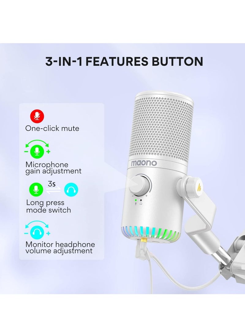 Maono MAONO USB Gaming Microphone for PC Programmable Condenser Mic with RGB Light  Mute Gain Monitoring Volume Control for Streaming Podcasts and Computers DM30 White  - Image 3